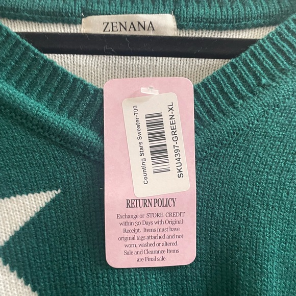 NWT Zenana Green & White Star Sweater XL - Picture 2 of 5